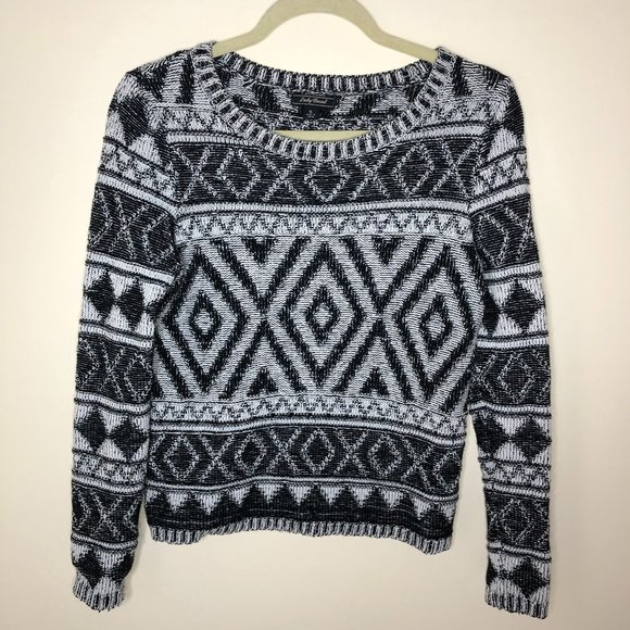 Lucky Brand Jacquard Black & White Geo Print Long Sleeve Sweater Y2K Classic - Picture 1 of 10